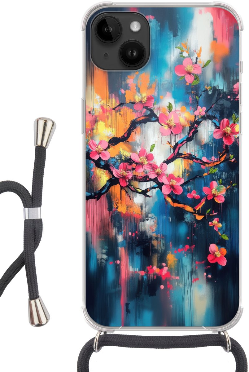 Telefoonhoesje Geschikt voor Apple Iphone 14 Max - Bloemen - Tak - Artistiek - Roze - Siliconen - Crossbody - Backcover met Koord - Telefoonhoesje met koord - Hoesje met touw Telefoonhoesje