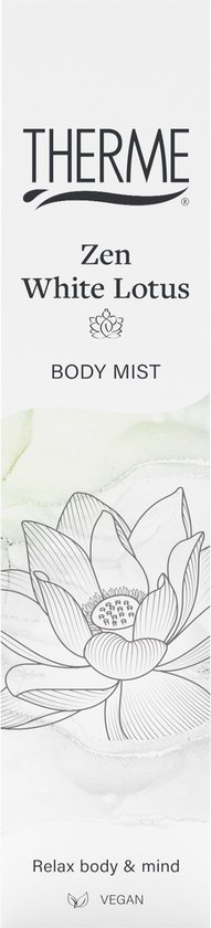 Doos met Therma Zen White Lotus body mist, lijntekening van een lotusbloem en tekst.