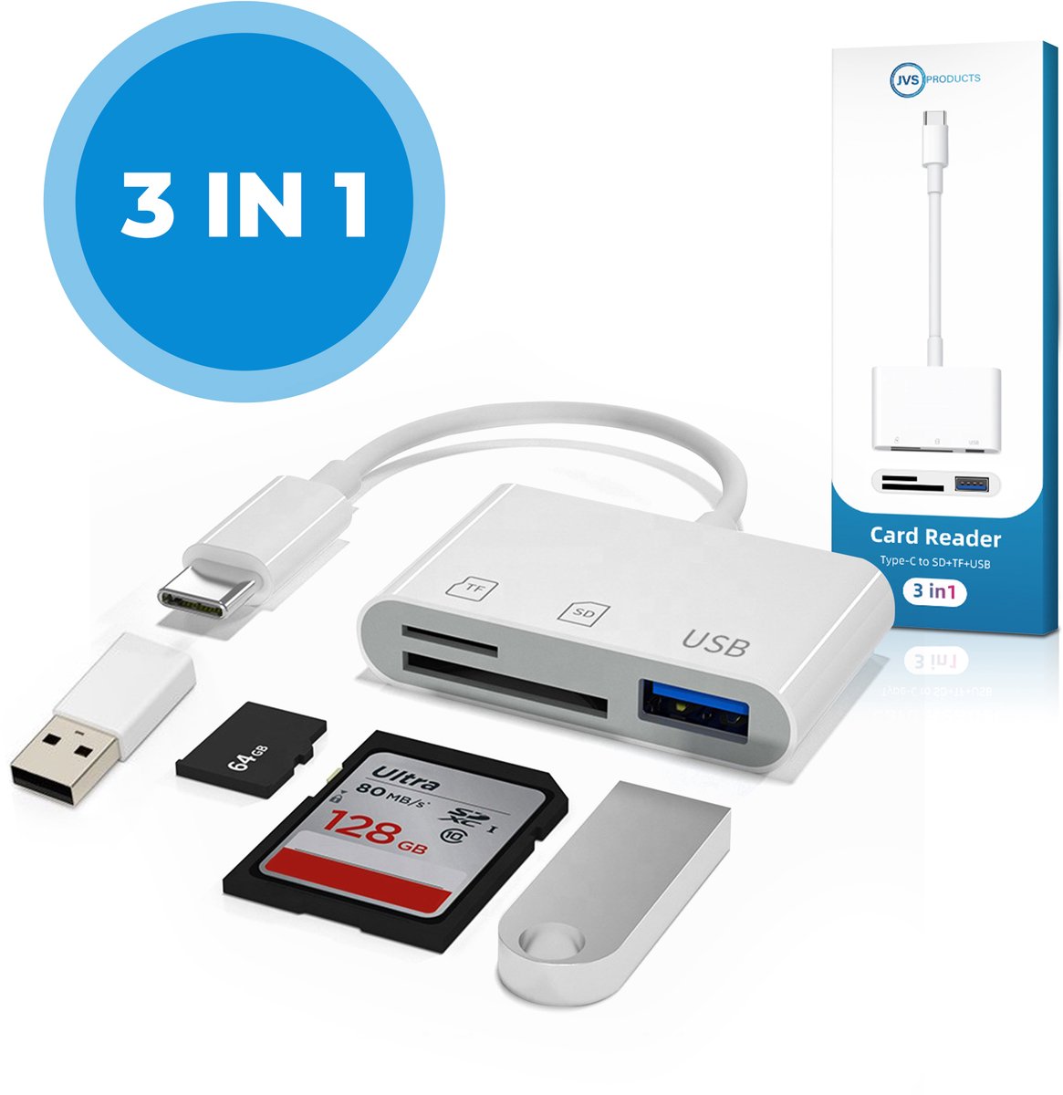 SD kaart lezer - 3 in 1 Hub - SD / Micro SD / TF Card Reader - Kaartlezer - USB A - Snelle Dataoverdracht - Inclusief USB-C naar USB-A Adapter - Wit