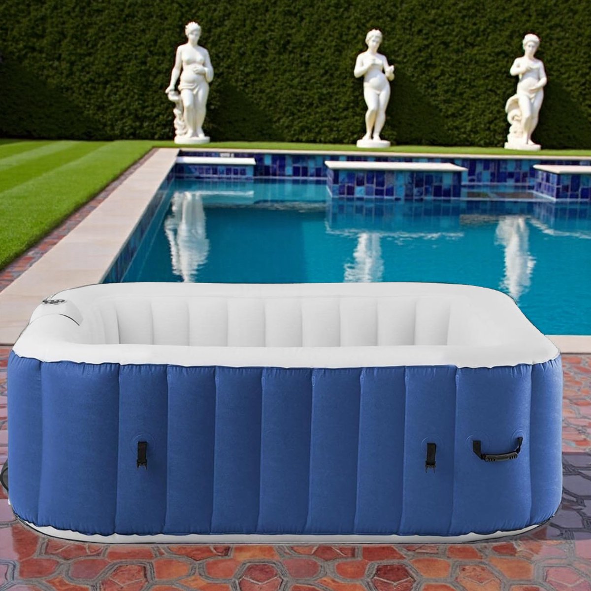 Whirlpool Spa – Opblaasbaar – 6 Personen – 900L – 130 Jets – Vierkant – Donkerblauw/Wit – 42°C Verwarmd – LED Display – Complete Set