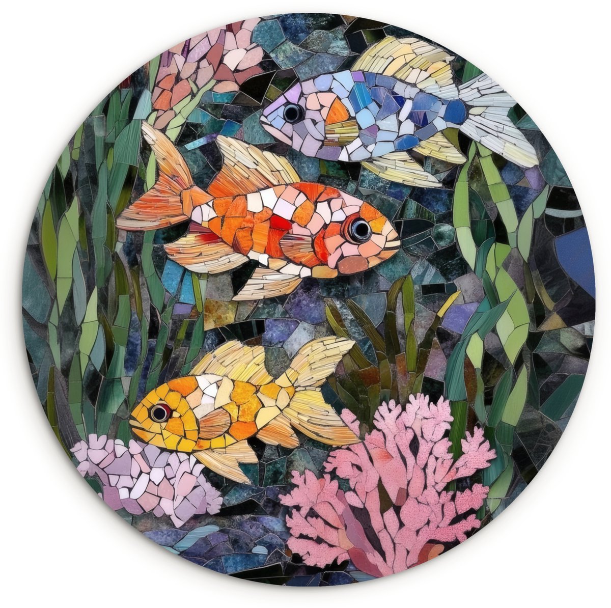 WallCircle Wandcirkel 120x120 cm - Muurcirkel Vissen - Koraal - Zee - Mozaïek - Muurdecoratie woonkamer - Wanddecoratie slaapkamer - Kamer decoratie accessoires - Ronde schilderijen Vissen - Koraal - Mozaïek