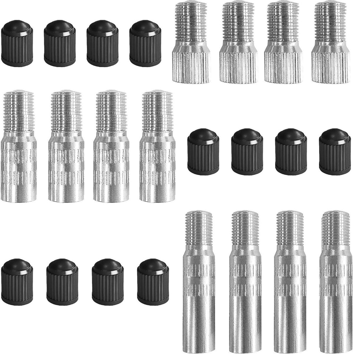JGS Premium - Ventielverlenging Auto - 12 Stuks - Ventieldoppen - 19 27 39 mm - Adapter Auto Fiets Scooter - Drie Lengtes