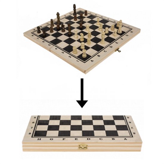 Houten schaakbord, opgevouwen en opengeklapt, met witte en zwarte velden en cijfers/letters.
