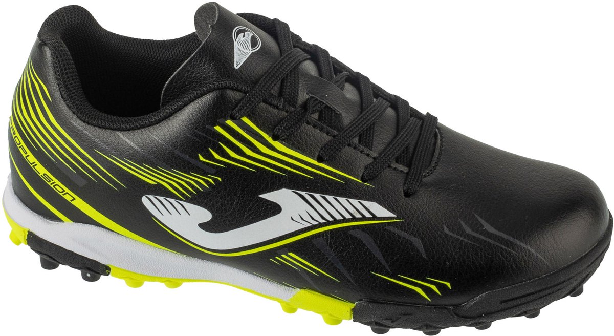 Zwarte Joma Propulsion Jr 2501 TF voetbalschoenen voor jongens, maat 28, van synthetisch leder met gele accenten.