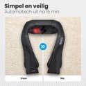 Vergelijking van de zwarte Auronic nek-schoudermassager voor en na gebruik, op een beige tapijt.