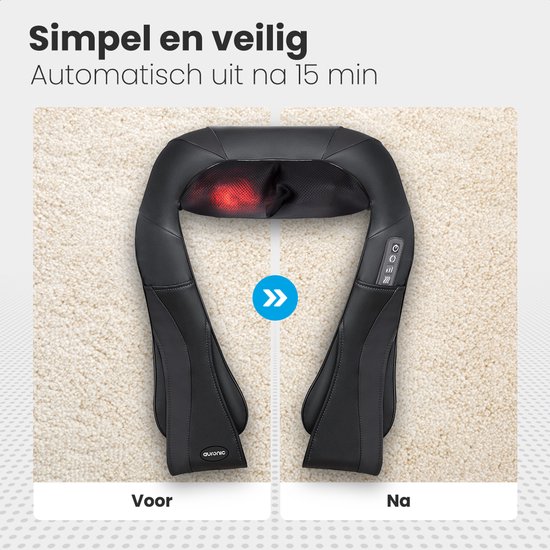 Vergelijking van de zwarte Auronic nek-schoudermassager voor en na gebruik, op een beige tapijt.