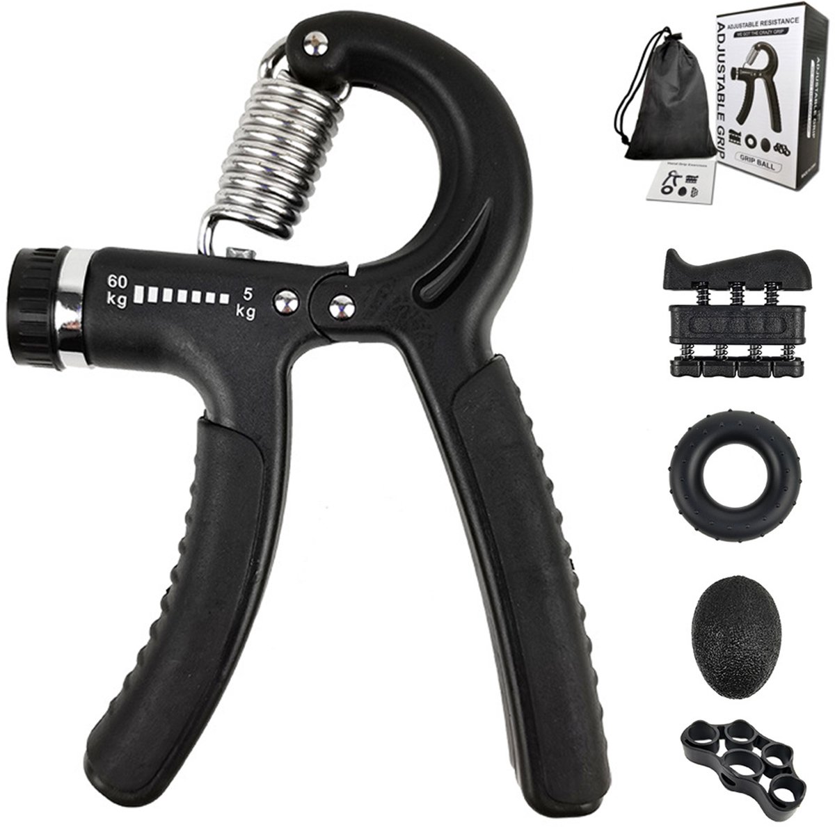 Verstelbare Griptrainer Set - 5 Delig (5-60kg) | Met Digitale Teller | Voor Hand, Pols & Onderarm | Zwarte Fitness Handknijper
