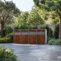 Containerberging met roestbruine deuren in een aangelegde tuin.