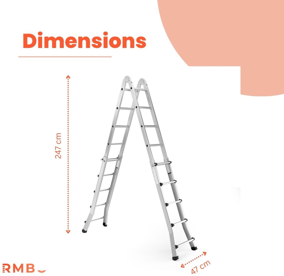 RMBO - Uitschuifbare Vouwladder 4x5 - Vouwladder - Multiladder - 5,10 m lang - Compact en Draagbare ladder - Geschikt voor Particulier en Professioneel Gebruik - Max. Belasting 150 kg, EN 131.6 – foto 4