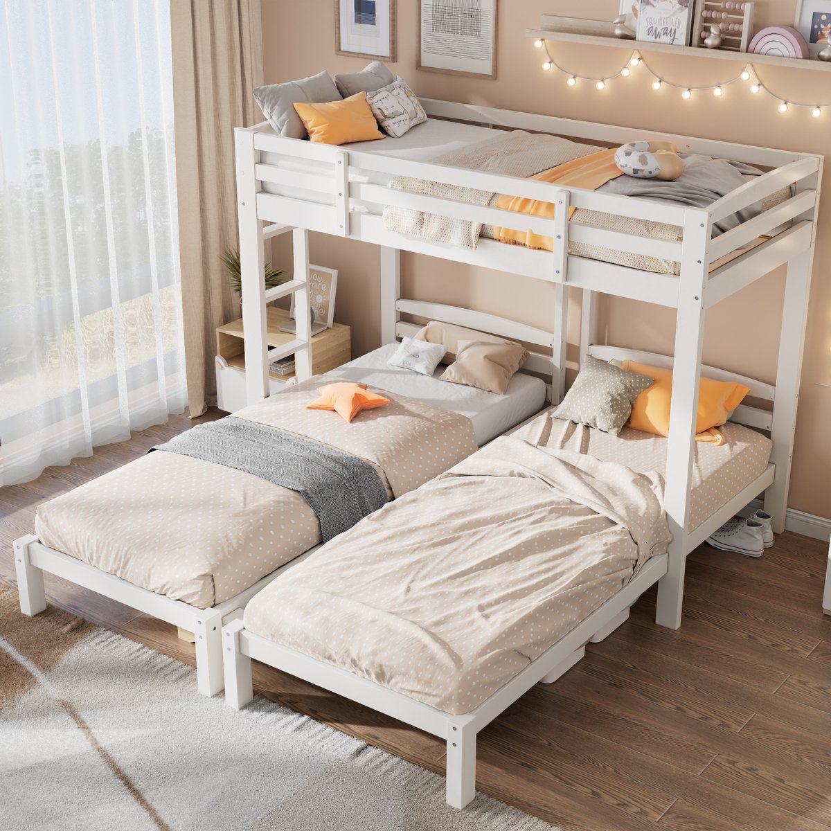 Sweiko Stapelbed - 90 x 200 cm *3 - Valbeveiliging - Met zijtrap - Wit