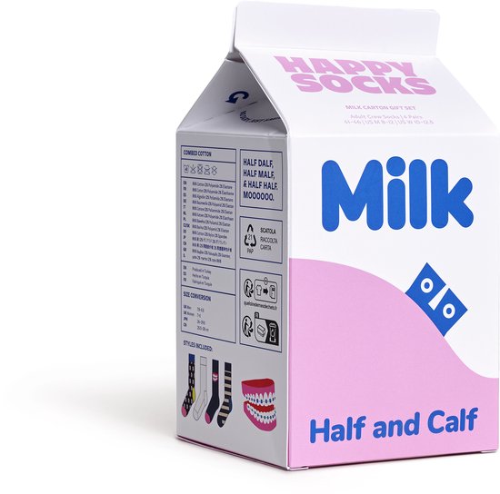 Een kartonnen geschenkverpakking in de vorm van een melkpak, met de tekst 'HAPPY SOCKS' en 'Milk' en 'Half and Calf'.