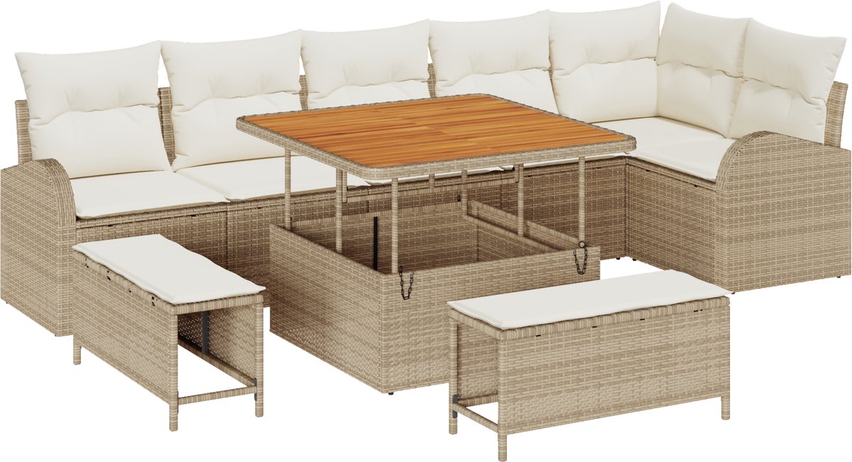 vidaXL - Tuinbank - Set - met - kussen - met - opslag - 9 - pcs - Beige - en - Crème