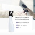 Motionflow raamreiniger met sproeier en dweil. Wit met zwarte sproeikoppeling en een transparante sproeifles.