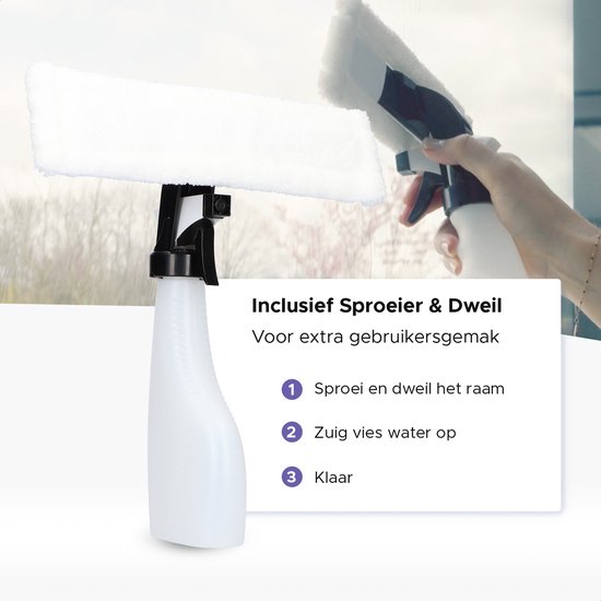 Motionflow raamreiniger met sproeier en dweil. Wit met zwarte sproeikoppeling en een transparante sproeifles.