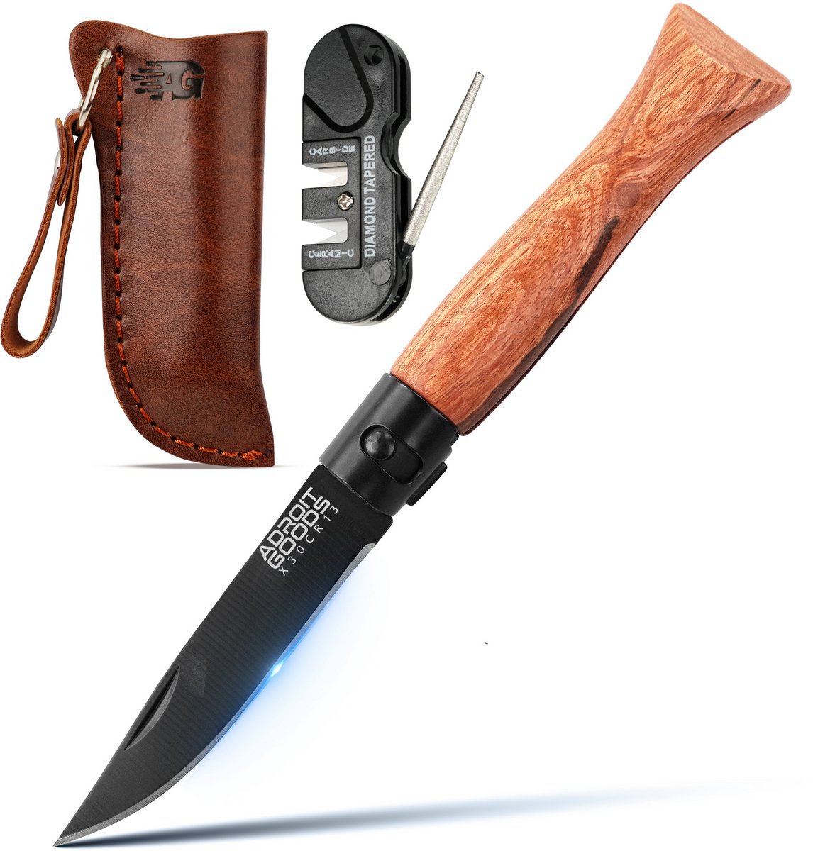 AdroitGoods Zakmes Met Veiligheidsring - X30Cr13 - Survival mes - Jachtmes - Staal en Beukenhout - Camping