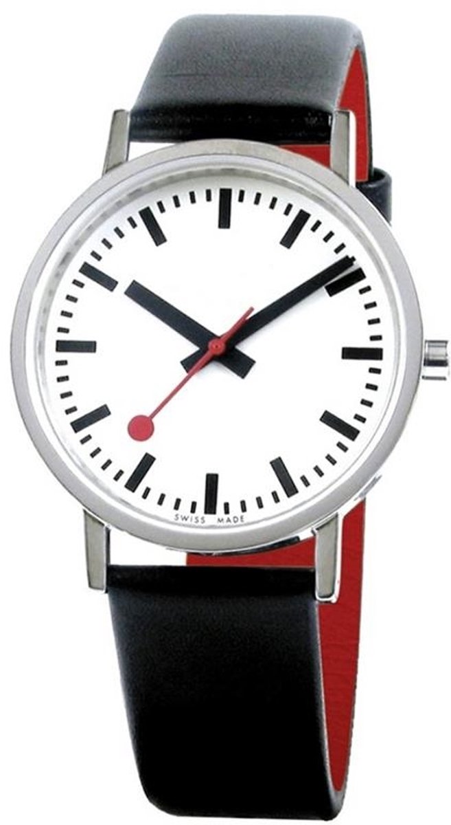 Mondaine A660.30314.16OM Classic Pure Unisex Horloge - M660.30314.16OM - Stationsklok - Mineraalglas - Roestvrijstaal-Leer - Zilver-Zwart - Ø 36 mm