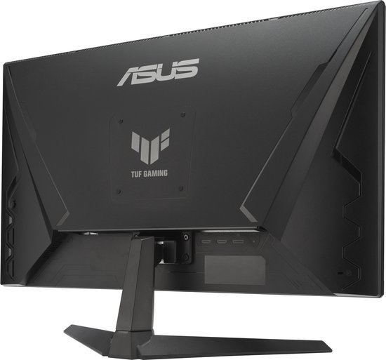 Achterkant van de ASUS TUF Gaming monitor met de standaard en ventilatieopeningen.
