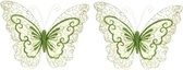 Set van 2x stuks groene vlinders met glitters op clip 34 cm - Vlinders decoraties - Kerstboom versieringen