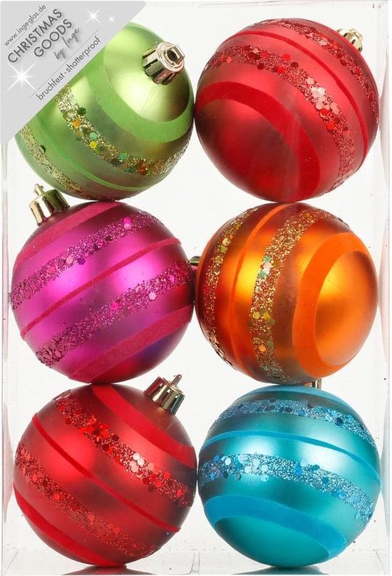6x Gekleurde onbreekbare kerstballen met glitters 6 cm | Fun en Feest