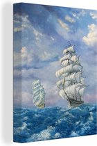 Canvas Schilderij Illustratie van twee zeilschepen op zee - 30x40 cm - Wanddecoratie