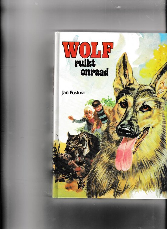 Boekcover met de titel "WOLF ruikt onraad" en een illustratie van een Duitse herder, twee jongens en een tijger.