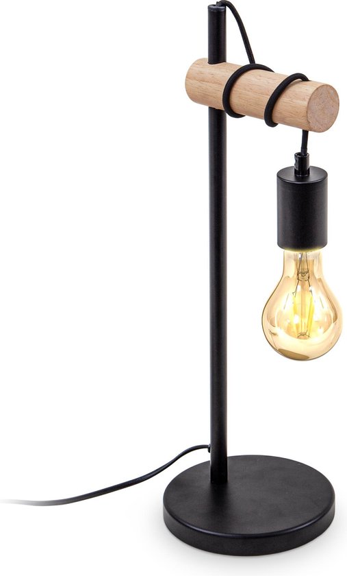 B.K.Licht - Landelijke zwarte Tafellamp - retro design - industriële bedlamp met hout - E27 fitting - excl. lichtbron