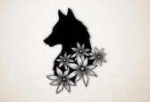Wanddecoratie - Wolf met bloemen - L - 103x75cm - Zwart - muurdecoratie - Line Art