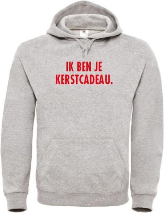 Kerst hoodie grijs S - Ik ben je kerstcadeau - rood glitter - soBAD. | Kersttrui soBAD. | kerstsweaters volwassenen | kerst hoodie volwassenen | Kerst outfit | Foute kerst truien