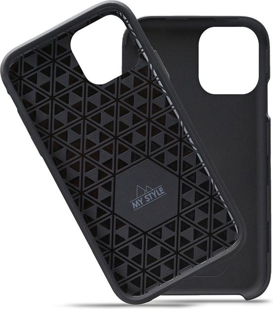 Coque noire pour iPhone 12 Pro Max, intérieur avec motif en losanges et logo 'MY STYLE'.