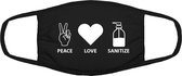 Peace, Love Sanize mondkapje | grappig | funny | gezichtsmasker | bescherming | bedrukt | logo | Zwart mondmasker van katoen, uitwasbaar & herbruikbaar. Geschikt voor OV