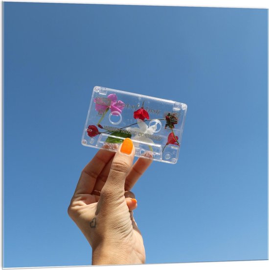 Acrylglas - Doorzichtig Cassettebandje met Bloemetjes  - 100x100cm Foto op Acrylglas (Met Ophangsysteem)