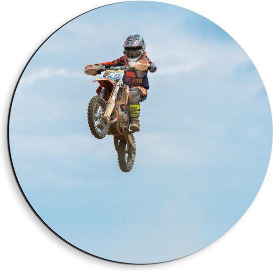 Dibond Wandcirkel - Motorcrosser in de Lucht - 40x40cm Foto op Aluminium Wandcirkel (met ophangsysteem)