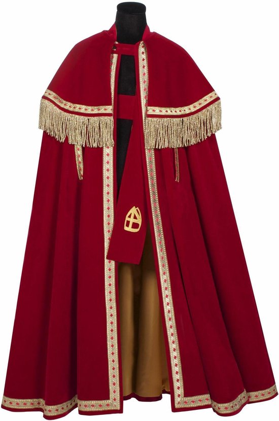 Luxe Sinterklaas kostuum bestaande uit mantel en stola | Model televisie Sint Stefan de Walle | Fluweel helder rood | Paardenmantel | Hoge kwaliteit