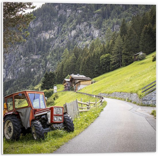 Forex - Groen Landschap met Rode Trekker - 50x50cm Foto op Forex