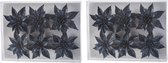 12x Kerstboomversiering donkerblauwe glitter bloemen op clip - kerstboom decoratie - donkerblauw kerstversieringen