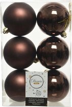 6x Donkerbruine kunststof kerstballen 8 cm - Mat/glans - Plastic kerstballen - Kerstboomversiering donkerbruin