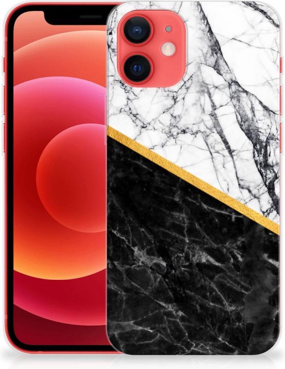 iPhone 12 Mini TPU Siliconen Hoesje Marmer Wit Zwart - Origineel Cadeau Man