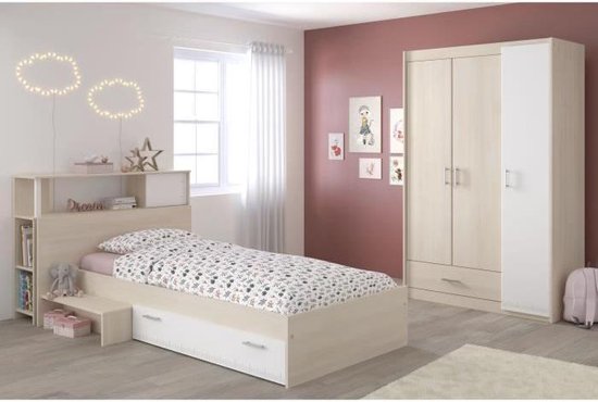 CHARLEMAGNE Chambre d'enfant complète - Tête de lit + lit + armoire - Style contemporain - Décoration acacia clair et blanc