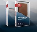 Verpakking van een bruine lederen Rosso Deluxe telefoonhoes.