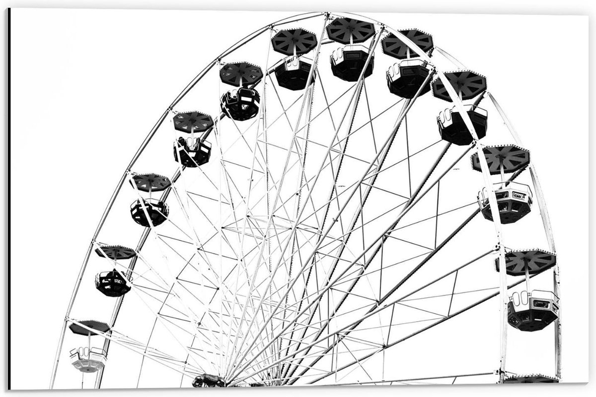 Dibond - Reuzenrad met Parasolletjes (zwart-wit) - 60x40cm Foto op Aluminium (Wanddecorati