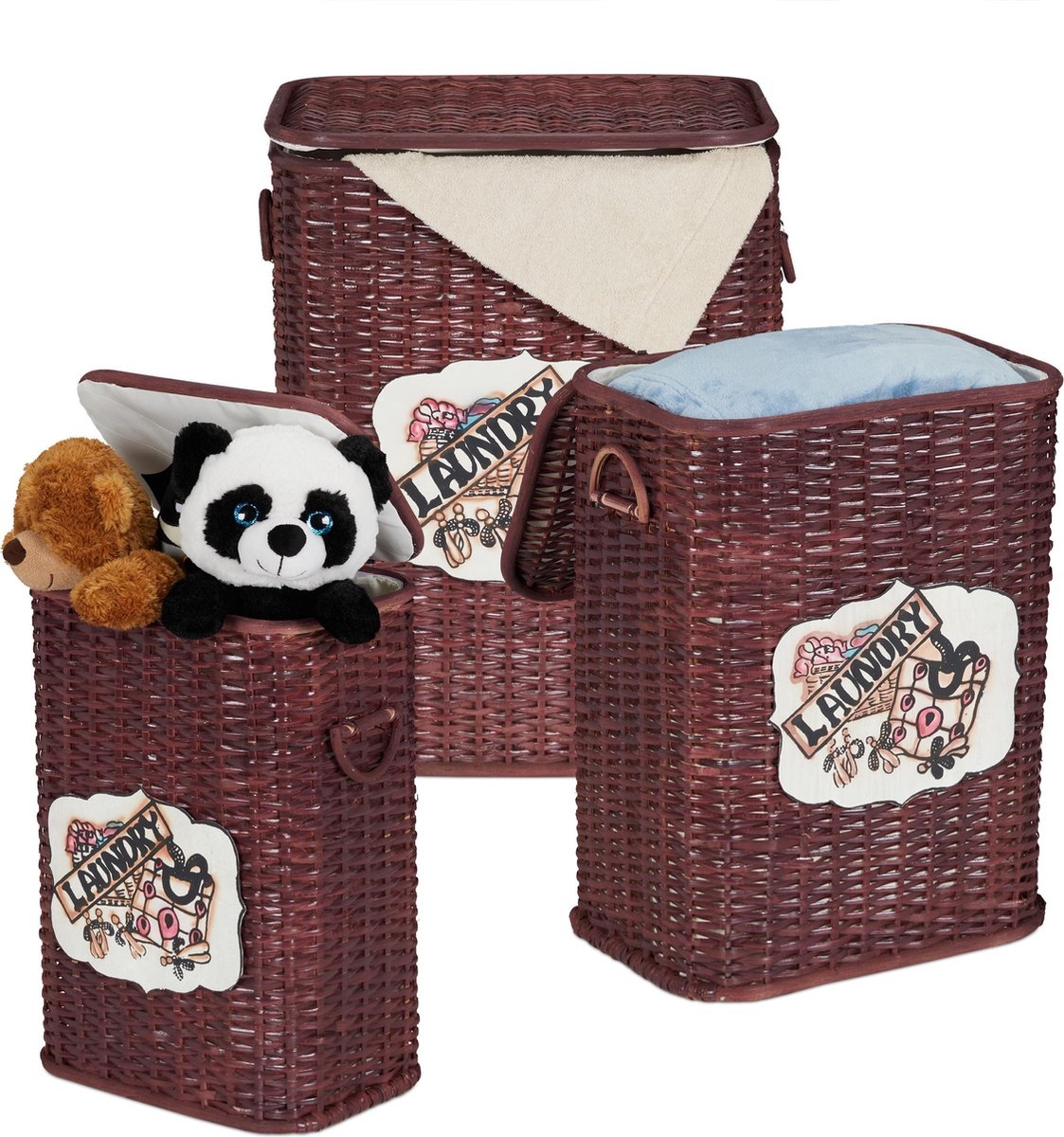 Goedkoopste relaxdays wasmand - set van 3 - opbergmand met deksel - rieten mand - gevlochten C