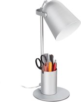 Relaxdays bureaulamp met pennenbakje - ijzeren tafellamp - bureaulampje - E27 - modern - zilver