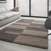 Shaggy Tapijt met Desing Geruit en gestreept motief 3 cm poolhoogte Zand en Beige Kleur