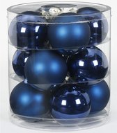 12x Donkerblauwe glazen kerstballen 8 cm glans en mat - Kerstboomversiering donkerblauw