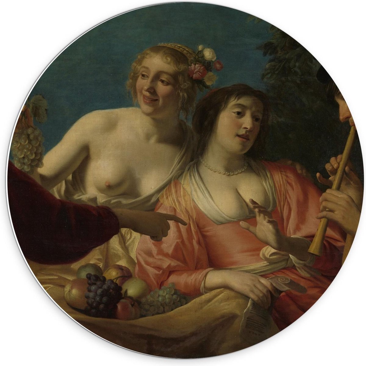 KuijsFotoprint Schilderij - Oude Meesters Fluitspelende Herder Herderinne. Gerard V Honthorst - Blauw, Bruin En Roze - 70 X 70 Cm