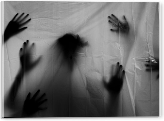 Acrylglas - Handen achter Wit Doek (zwart/wit) - 40x30cm Foto op Acrylglas (Wanddecoratie op Acrylglas)