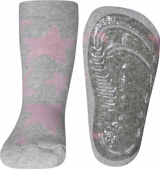 Antislip sokken lichtgrijs met roze sterren-27/28