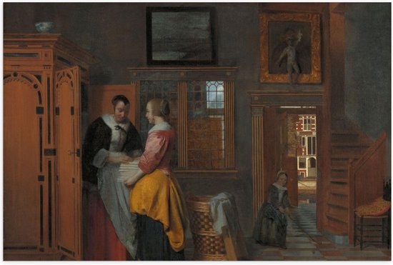 Poster – Oude meesters - Binnenhuis met vrouwen bij linnenkast, Pieter de Hooch - 60x40cm Foto op Posterpapier