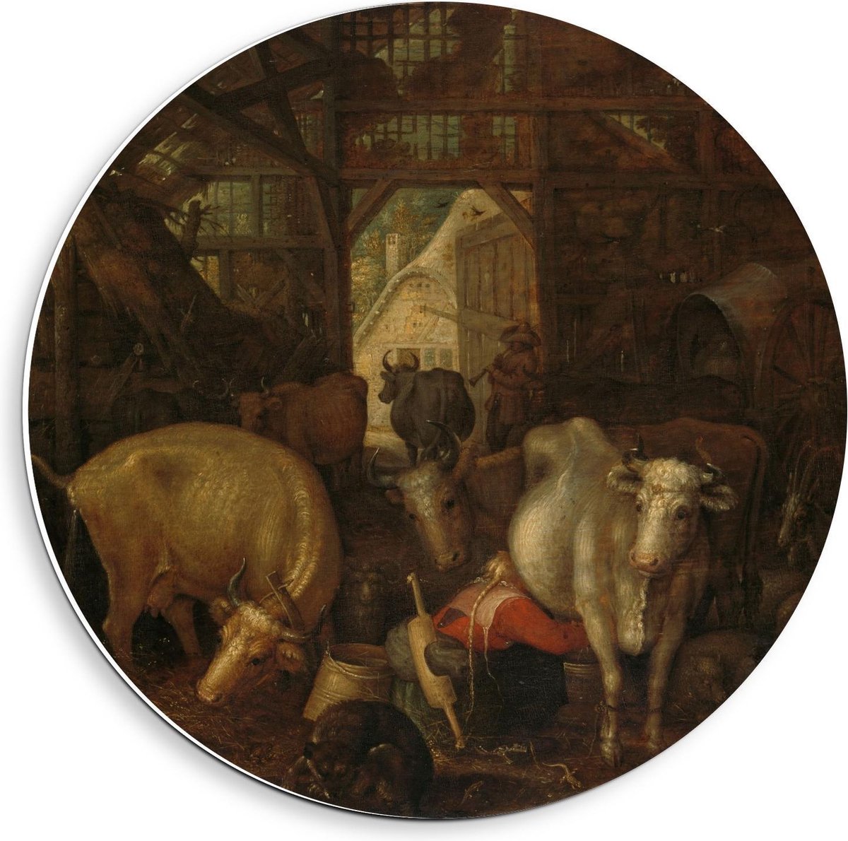 KuijsFotoprint Forex Wandcirkel - Oude meesters - Koeien in stal; Heksen in de hoeken, Roelant Savery - 40x40cm Foto op Wandcirkel (met ophangsysteem) Bruin