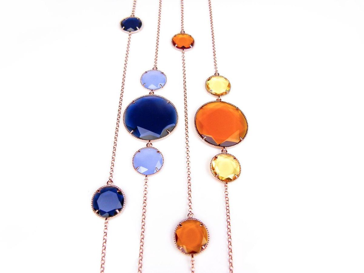 Lange zilveren collier halsketting roos goud verguld Model 2 Rounds gezet met gele en oranje stenen